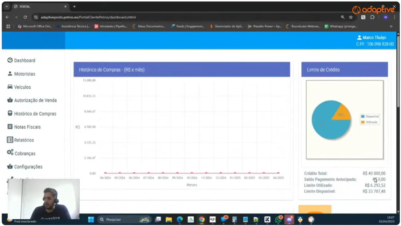 Painel gerencial do sistema com gráficos de vendas